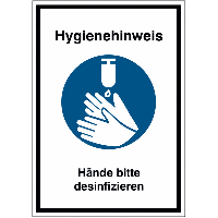 Hände bitte desinfizieren - Hinweisschild mit Gebotszeichen für Hygieneregeln