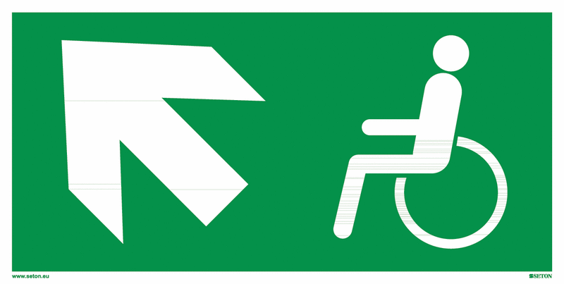 Fluchtweg-Bodenmarkierung "Notausgang für Behinderte, links schräg hoch"