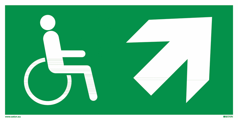 Fluchtweg-Bodenmarkierung "Notausgang für Behinderte, rechts schräg hoch"