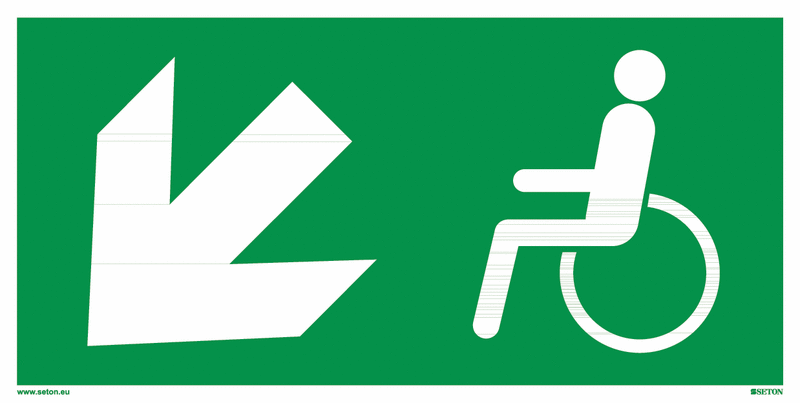 Fluchtweg-Bodenmarkierung "Notausgang für Behinderte, links schräg runter"