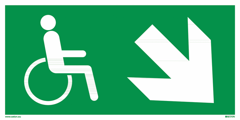 Fluchtweg-Bodenmarkierung "Notausgang für Behinderte, rechts schräg runter"