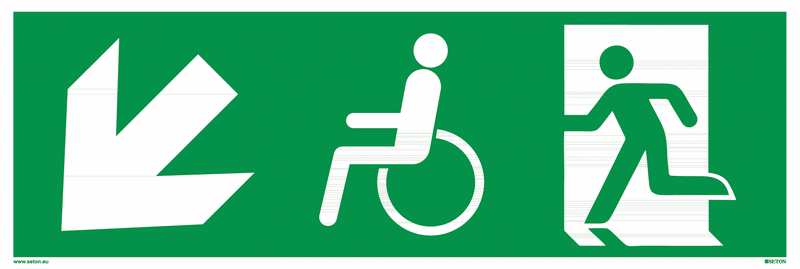 Fluchtweg-Bodenmarkierung "Notausgang / Notausgang für Behinderte, links schräg runter"