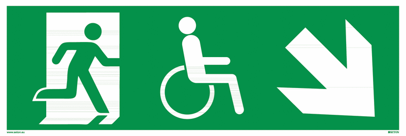 Fluchtweg-Bodenmarkierung "Notausgang / Notausgang für Behinderte, rechts schräg runter"