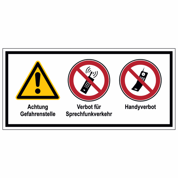 Gefahrenstelle/Verbot für Sprechfunkverkehr/Handyverbot - Mehr-Symbolschilder, ÖNORM Z1000