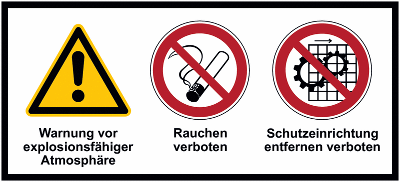 Explosionsfähiger Atmosphäre/Rauchen verboten/Schutzeinrichtung entfernen verboten - Mehr-Symbolschilder, ÖNORM Z1000