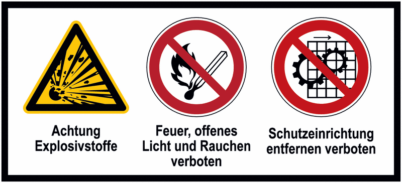 Achtung Explosivstoffe/Feuer, offenes Licht und.../Schutzeinrichtung entfernen verboten – Mehrsymbolschilder nach ÖNORM Z1000, mit 3 Symbolen