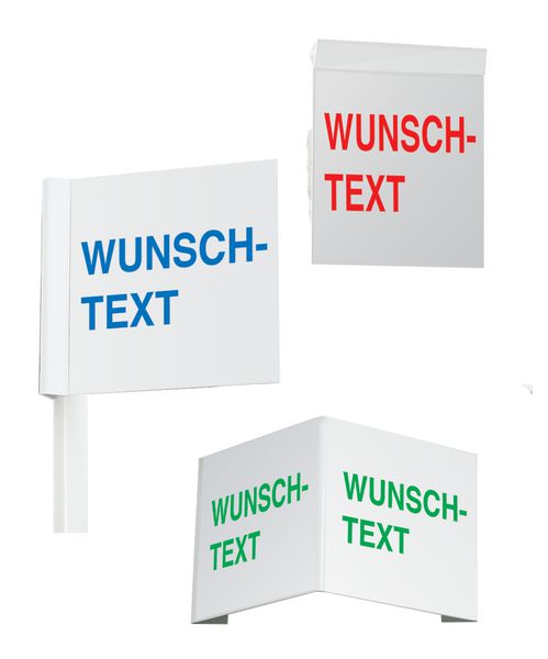 Decken-, Fahnen- und Winkelschilder mit Text nach Wunsch zur Gebäudekennzeichnung