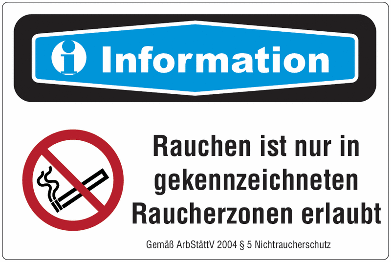 Informationen, Rauchen in gekennzeichneten Zonen erlaubt - Focus-Schilder "Nichtraucherschutz"