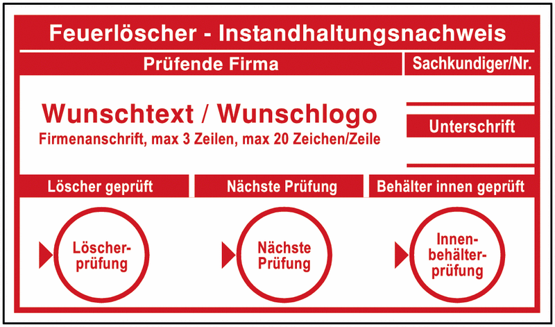 Feuerlöscher-Prüfkennzeichnung - Grundplakette mit Text und Logo nach Wunsch gemäß BGR 133