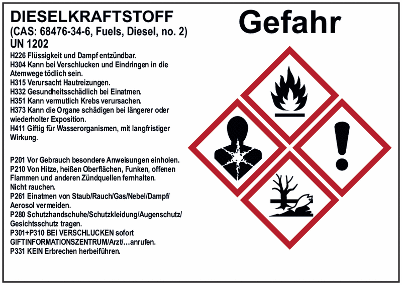 Dieselkraftstoff - Gefahrstoffetiketten zur internen Verwendung, GHS/CLP