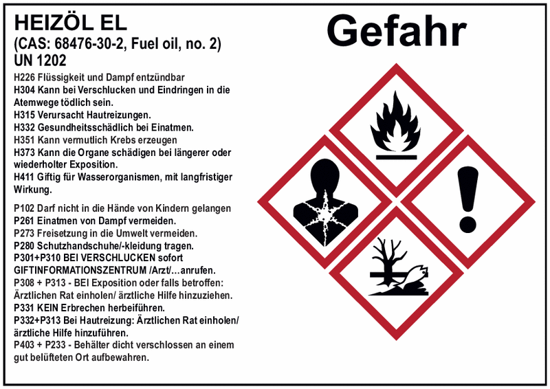 Heizöl EL - Gefahrstoffetiketten zur internen Verwendung, GHS/CLP