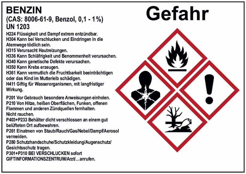 Benzin - Gefahrstoffetiketten zur internen Verwendung, GHS/CLP