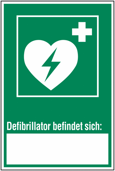 Defibrillator befindet sich - Erste-Hilfe-Schilder mit Beschriftungsfeld, praxiserprobt