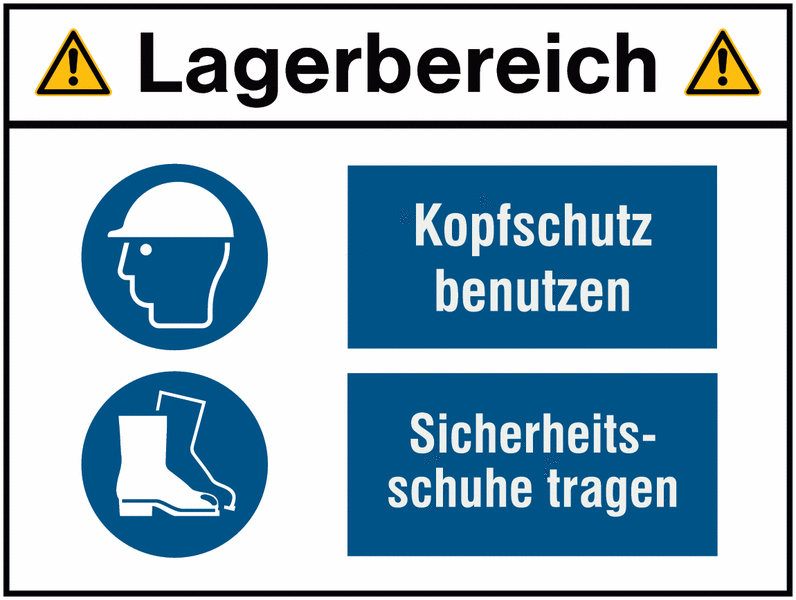 Kopfschutz benutzen/Sicherheitsschuhe tragen - Kombi-Schilder Lagerbereich, Sicherheitskennzeichen