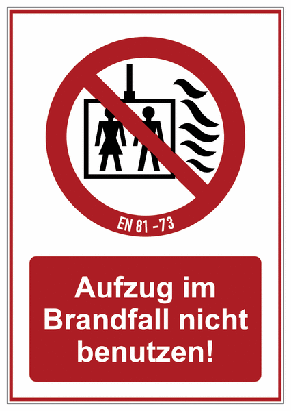 Aufzug im Brandfall nicht benutzen - Brandschutz-Design-Kombi-Schilder für Aufzüge, EN 81-73