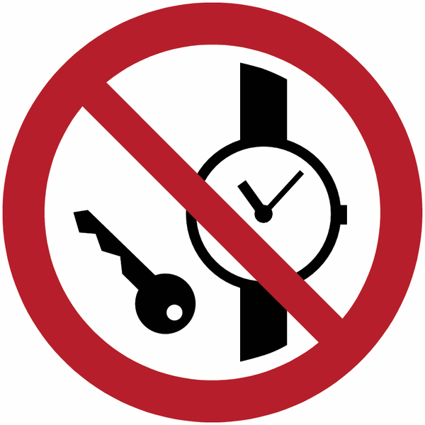Verbotszeichen "Mitführen von Metallteilen oder Uhren verboten" nach EN ISO 7010