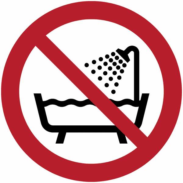 Verbotszeichen "Verbot, dieses Gerät in der Badewanne, Dusche oder über mit Wasser gefülltem Waschbecken zu benutzen" nach EN ISO 7010