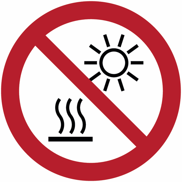 Nicht direkter Sonneneinstrahlung oder heißen Oberflächen aussetzen - Verbotsschilder, EN ISO 7010