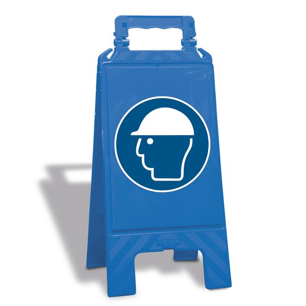 Kopfschutz benutzen - Warnaufsteller mit Sicherheitssymbolen, EN ISO 7010