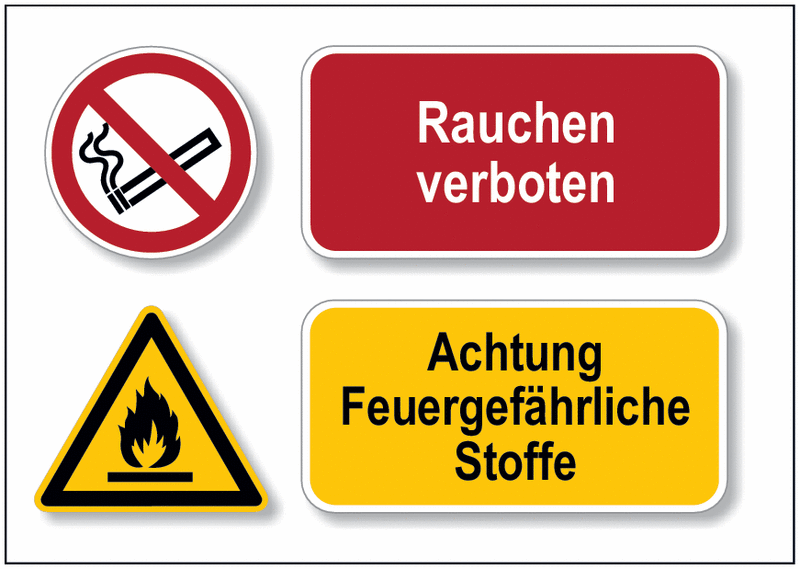 Rauchen verboten/Achtung feuergefährliche Stoffe - DESIGN Mehr-Symbolschilder, EN ISO 7010