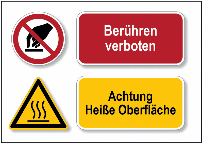 Berühren verboten/Achtung heiße Oberfläche - DESIGN Mehr-Symbolschilder, EN ISO 7010