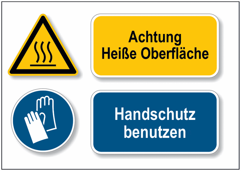 Achtung heiße Oberfläche/Handschutz benutzen - DESIGN Mehr-Symbolschilder, EN ISO 7010