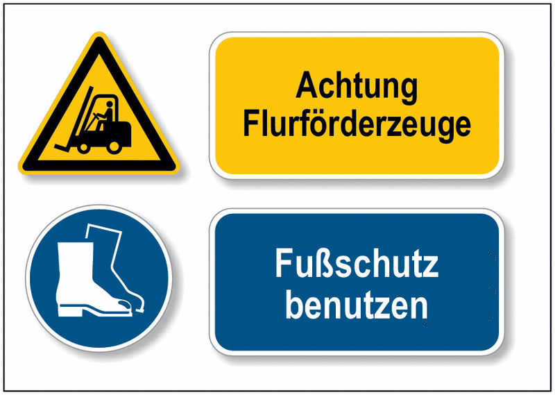 Achtung Flurförderzeuge/Fußschutz benutzen - DESIGN Mehr-Symbolschilder, EN ISO 7010