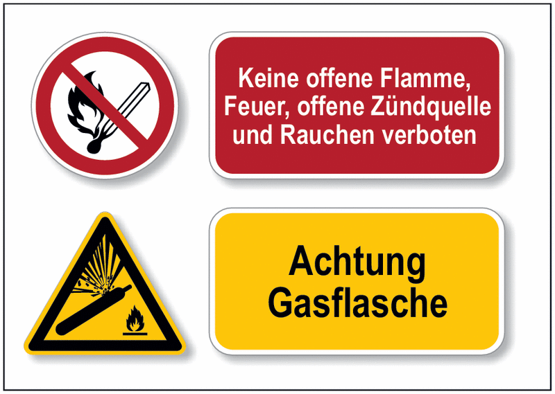 Keine offene Flamme, Feuer... /Achtung Gasflasche - DESIGN Mehr-Symbolschilder, EN ISO 7010