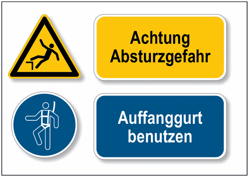 Achtung Absturzgefahr/Auffanggurt benutzen - DESIGN Mehr-Symbolschilder, EN ISO 7010