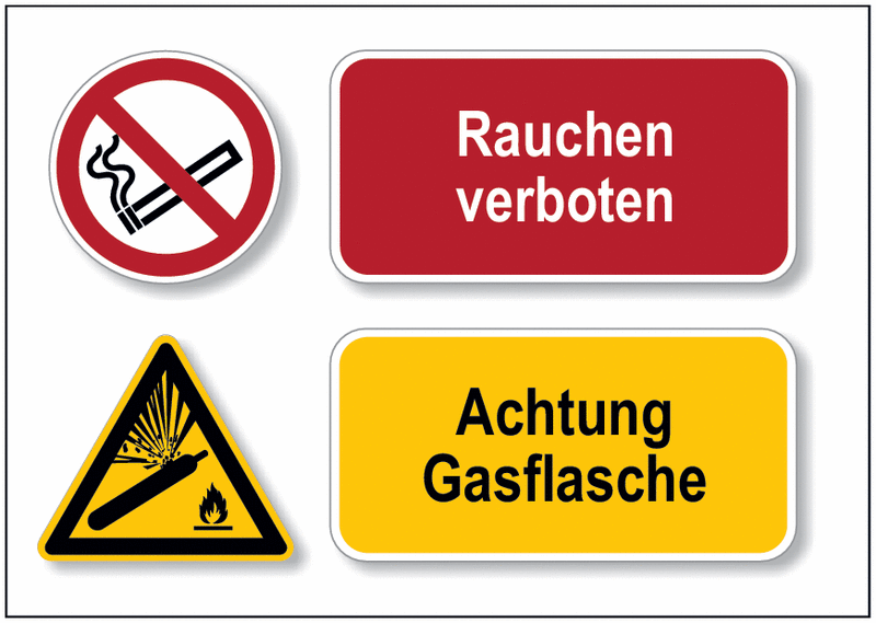 Rauchen verboten/Achtung Gasflasche - DESIGN Mehr-Symbolschilder, EN ISO 7010