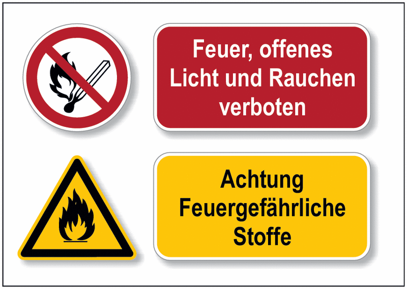 Achtung feuergefährliche Stoffe/Feuer, offenes Licht und...- DESIGN Mehr-Symbolschilder, EN ISO 7010