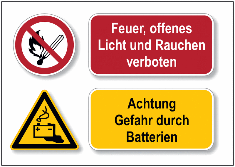 Achtung Gefahr durch Batterien/Feuer, offenes Licht und... - DESIGN Mehr-Symbolschilder, EN ISO 7010