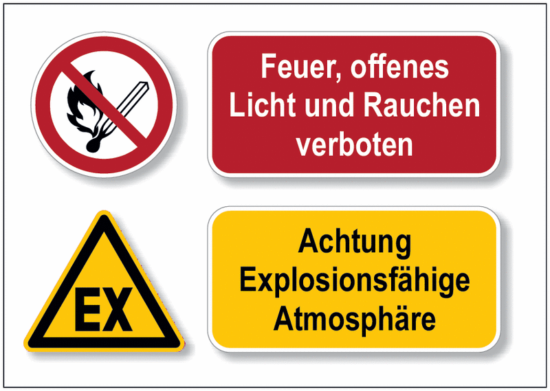 Achtung Explosionsfähige Atmosphäre/Feuer, offenes Licht und... - DESIGN Mehr-Symbolschilder, EN ISO 7010