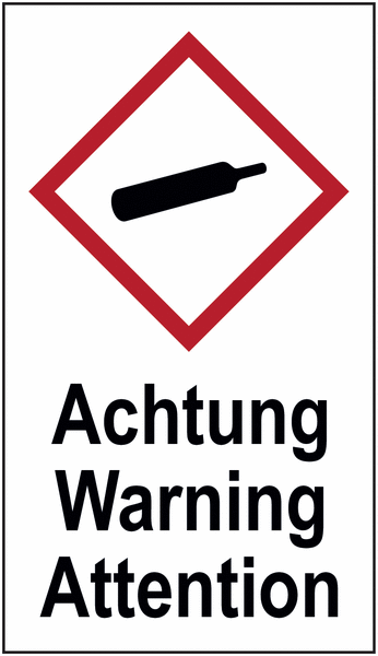 Gasflasche - Gefahrstoffsymbol-Kombi-Kennzeichnung, dreisprachig, GHS/CLP
