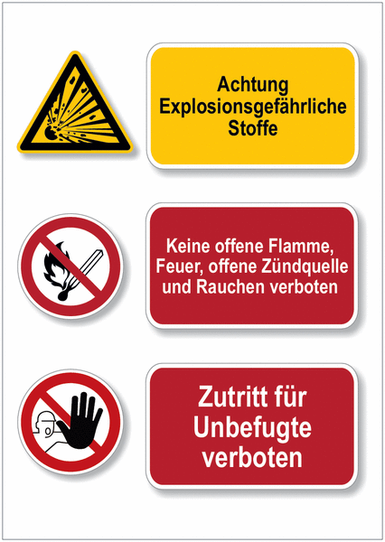 Expl. Stoffe/Keine Flamme/Zutritt verboten - Mehrsymbolschilder, EN ISO 7010