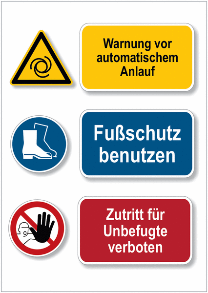 Automatischer Anlauf/Fußschutz/Zutritt verboten - Mehrsymbolschilder, EN ISO 7010
