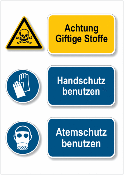 Giftige Stoffe/Handschutz/Atemschutz - Mehrsymbolschilder, EN ISO 7010