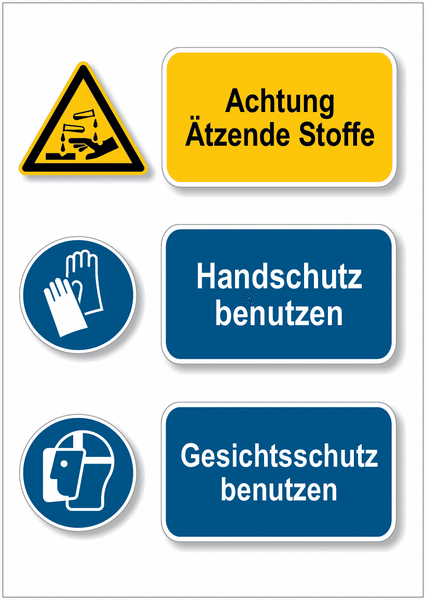 Ätzende Stoffe/Handschuhe/Gesichtsschutz - Mehrsymbolschilder, EN ISO 7010