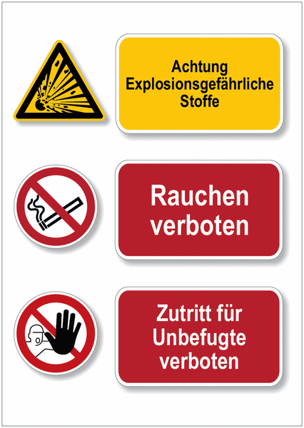 Expl. Stoffe/Rauchen verboten/Zutritt verboten - Mehrsymbolschilder, EN ISO 7010