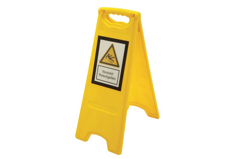Warnaufsteller mit Sicherheitskennzeichnung "Vorsicht! Rutschgefahr"