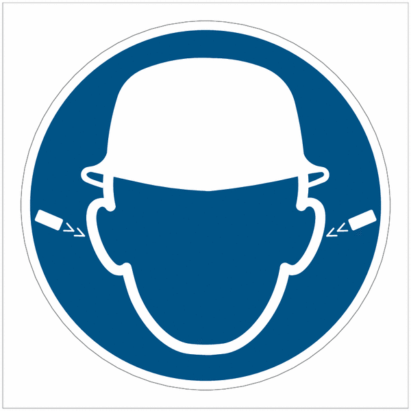 Ohrstöpsel und Kopfschutz benutzen - Symbol-Schilder für Augen, Gehör- und Kopfschutz