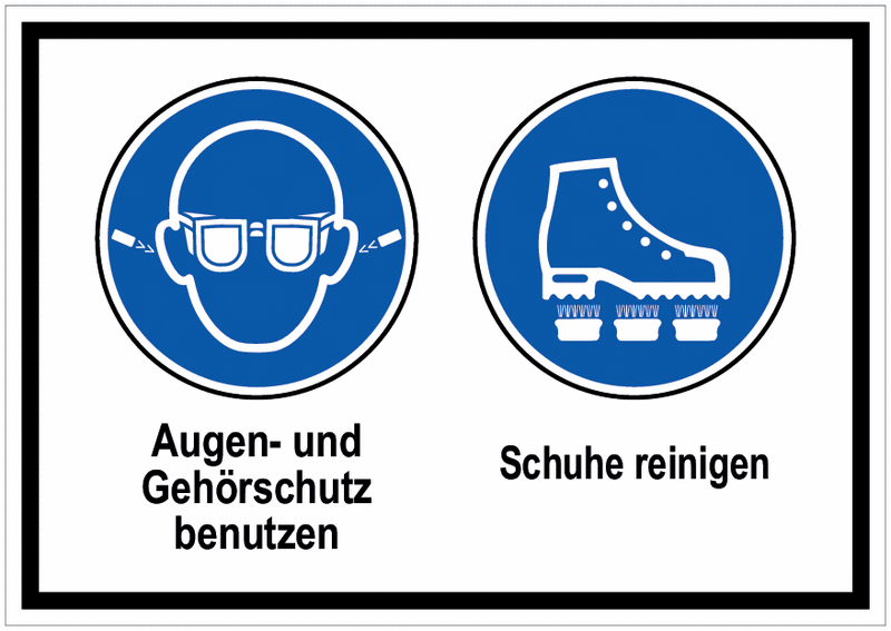 Ohrstöpsel und Augenschutz benutzen/Schuhe reinigen - Mehr-Symbolschilder