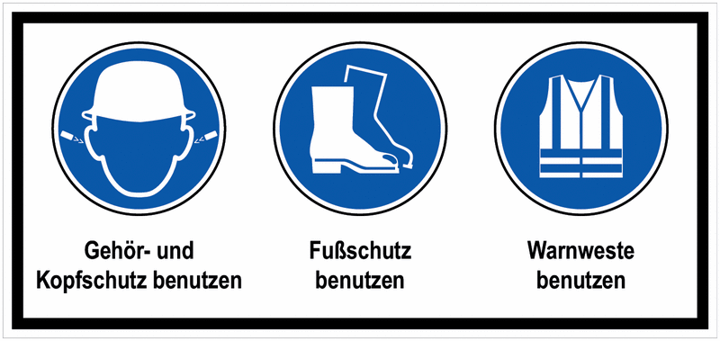 Ohrstöpsel und Kopfschutz/Fußschutz/Warnweste benutzen - Mehr-Symbolschilder