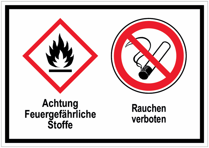 Flamme / Rauchen verboten - Mehrsymbolschilder mit 2 Symbolen nach GHS-/CLP-Verordnung
