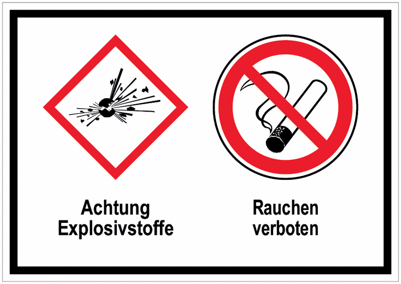 Expl. Bombe / Rauchen verboten - Mehrsymbolschilder mit 2 Symbolen nach GHS-/CLP-Verordnung
