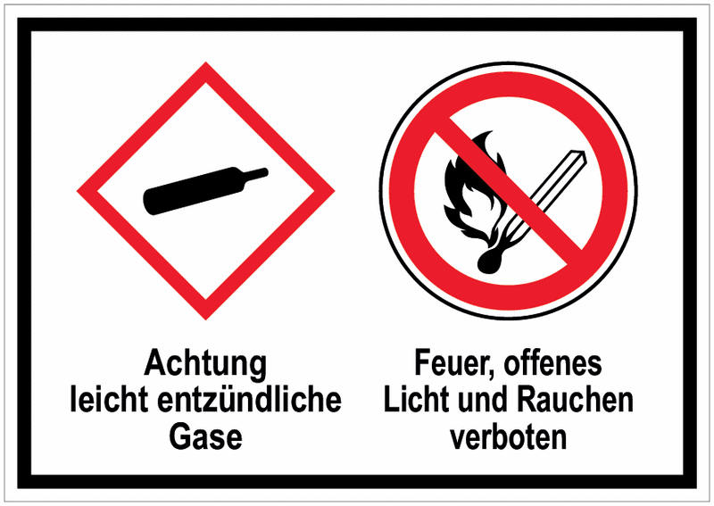 Gasflasche / Keine offene Flamme - Mehrsymbolschilder mit 2 Symbolen nach GHS-/CLP-Verordnung