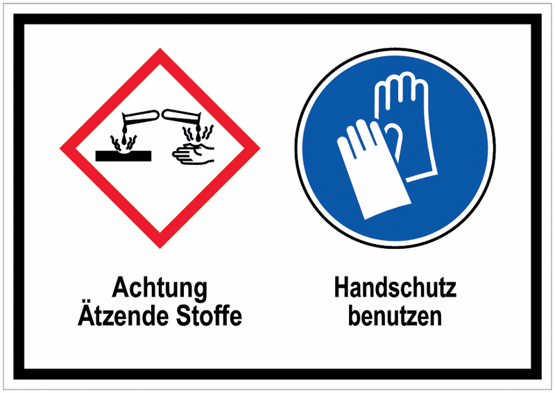 Ätzwirkung / Handschutz benutzen - Mehrsymbolschilder mit 2 Symbolen nach GHS-/CLP-Verordnung