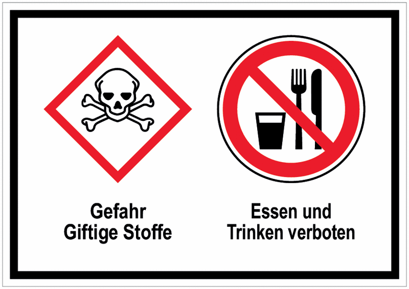 Totenkopf / Essen und Trinken verboten - Mehrsymbolschilder mit 2 Symbolen nach GHS-/CLP-Verordnung
