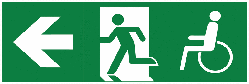 Notausgang-Richtungspfeil links mit Rollstuhl-Symbol - Mehrsymbol-Rettungszeichen barrierefrei, EN ISO 7010