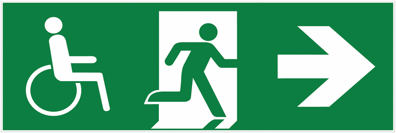 Notausgang-Richtungspfeil rechts mit Rollstuhl-Symbol - Mehrsymbol-Rettungszeichen barrierefrei, EN ISO 7010